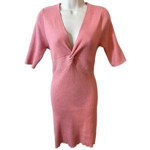Pink V-neck Knot detail Ribbed Mini Dress- Womens Size Large